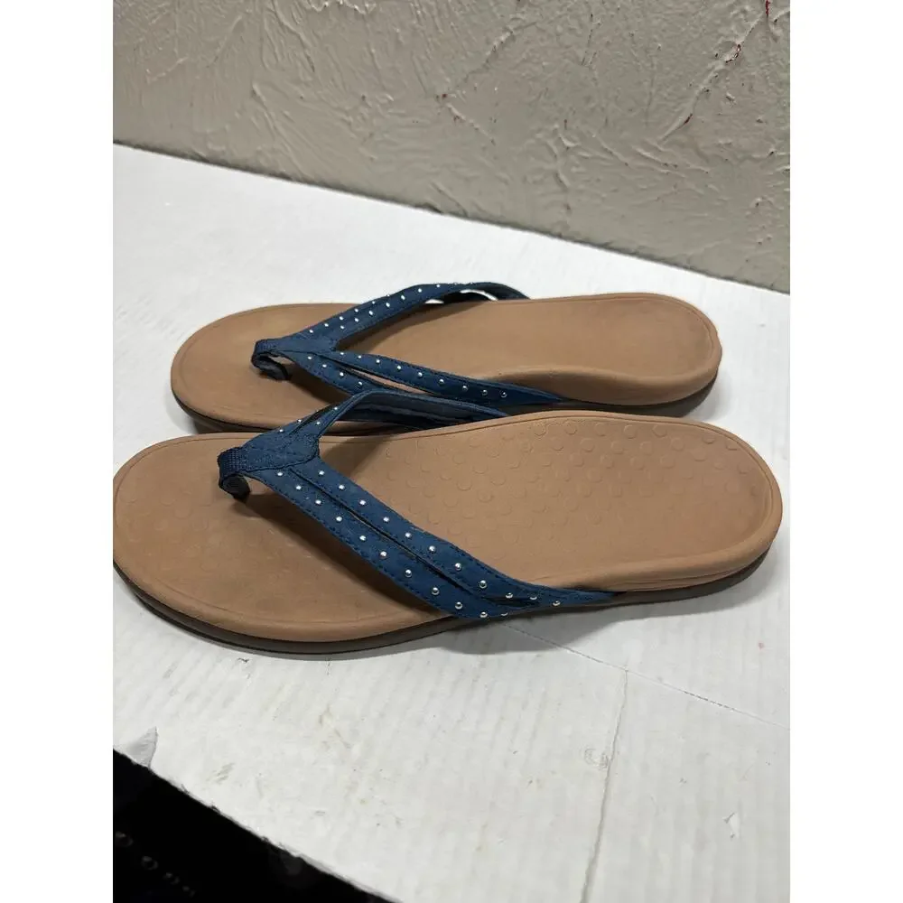 Vionic Tasha Dark Blue Toe Post Sandal Flip Flop Studded Leather Strap Womens 11